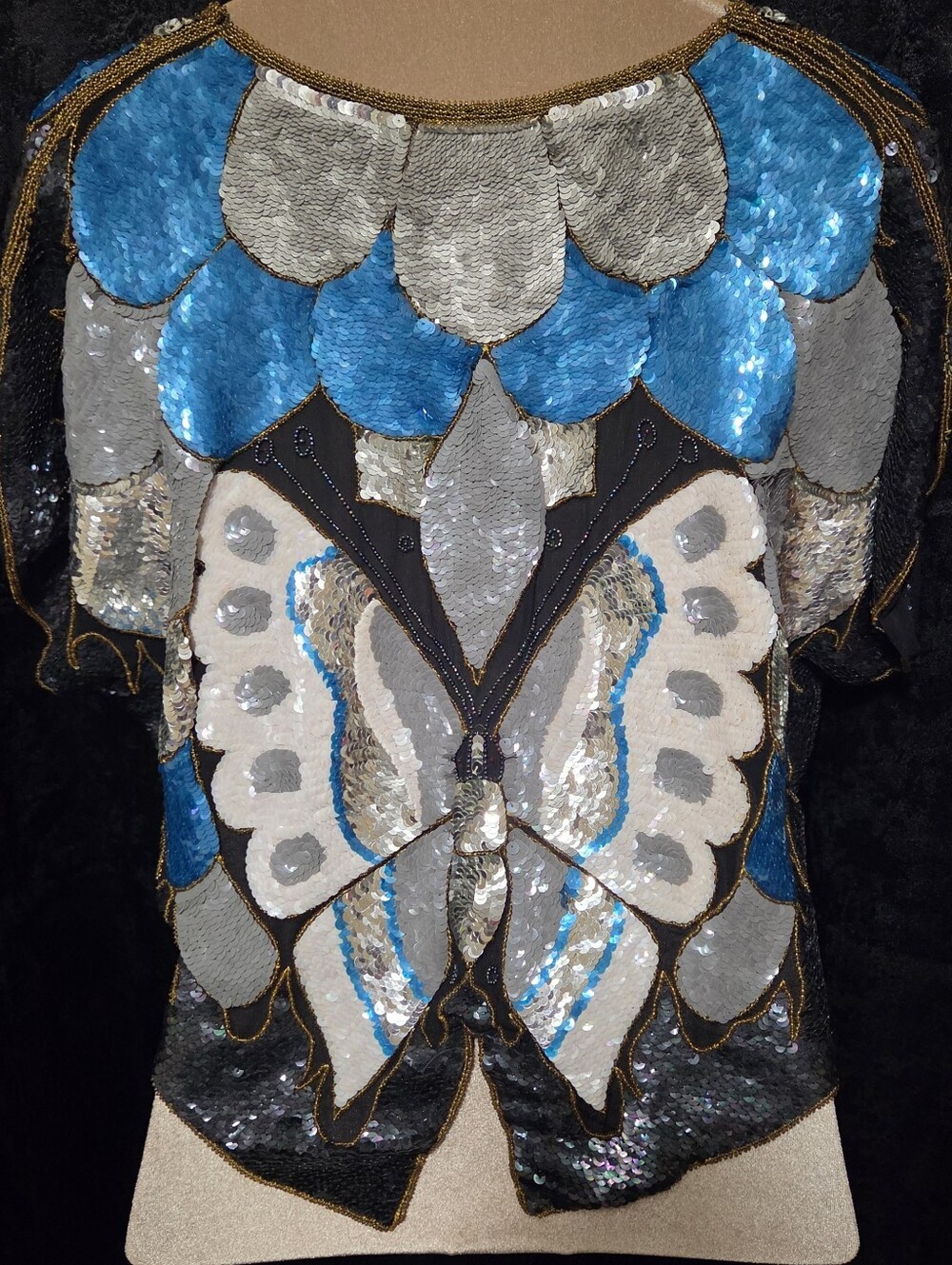 1980s Vintage STAR GROUP Small 1Sequined Butterfly Top in Blue, Silver & Black - Picture 5 of 6
